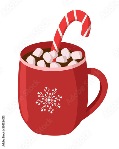 Red Cup with hot chocolate and marshmallows isolated on white. Vector illustration