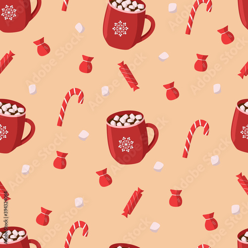 Christmas seamless pattern, red Cup of hot chocolate marshmallows and candy.