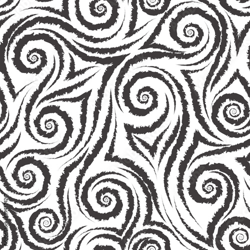 Black smooth lines corners and spirals with torn edges on a white background vector seamless pattern.Abstract geometric texture wool or fur.