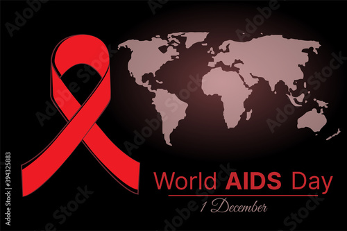 Banner design December 1 - World AIDS Day. Red ribbon on black background map of the world. vector illustration