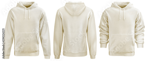 Beige hoodie template. Hoodie sweatshirt long sleeve with clipping path, hoody for design mockup for print, isolated on white background.