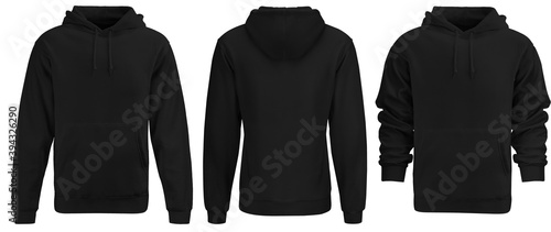 Black hoodie template. Hoodie sweatshirt long sleeve with clipping path, hoody for design mockup for print, isolated on white background.