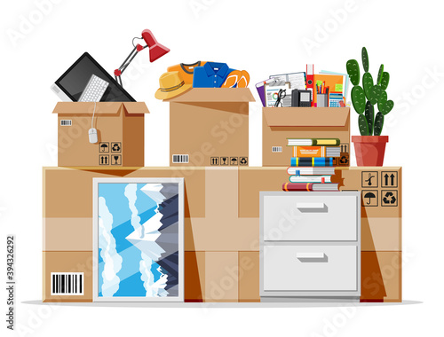 Moving to new house. Family relocated to new home. Paper cardboard boxes with various household thing. Package for transportation. Computer, lamp, clothes, books. Vector illustration in flat style