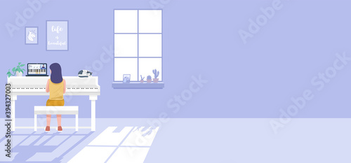 Remote learning from home concept, A girl having piano lessons over a video call. Vector