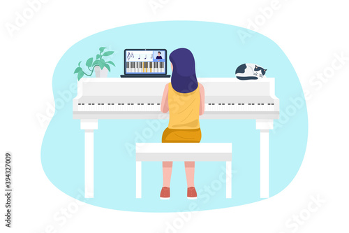 Remote learning from home concept, A girl having piano lessons over a video call. Vector