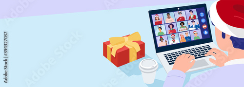 Christmas virtual meeting, Close-up man wearing Santa hat having video call meeting with friends at home. Vector