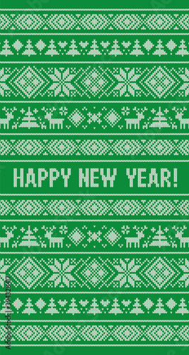 Happy New Year 2021 knitted pattern. Scandinavian style with deer, snowflakes, fir. Design for sweater, wallpaper, greeting card. Knitting effect background. Green and white colors. Vertical