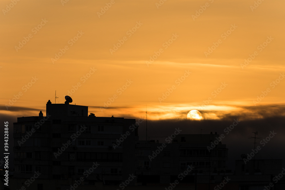 Sunrise business tower silhouette in Madrid