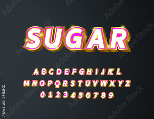 Golden metal with white pink red gradient bold italic text 3d styled alphabet typeface vector Illustration