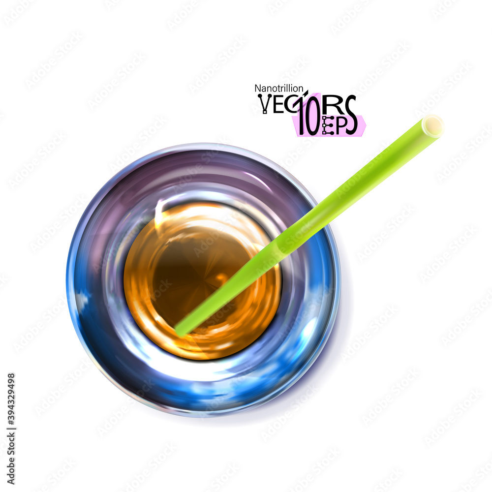 Water or transparent alcohol, glass, top view. Refracted, drinking straw. Object with light effects isolated on white background. Vector illustration. Water or transparent alcohol, glass, top view. Refracted, drinking straw. Object with light effects isolated on white background. Vector illustration.