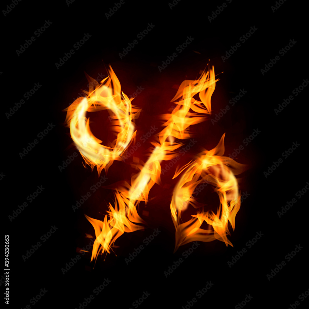 Fototapeta premium Bright flaming percent symbol on black background