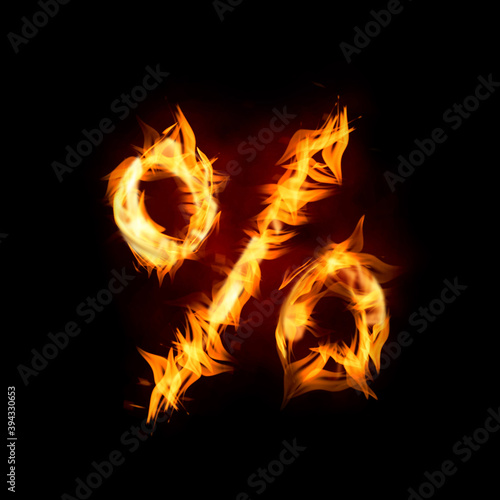 Bright flaming percent symbol on black background