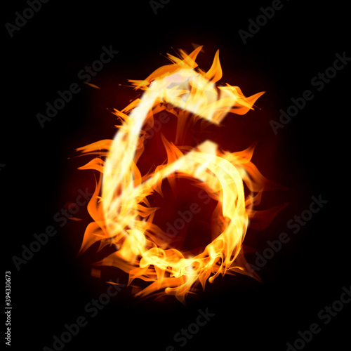 Flaming 6 on black background. Stylized number design