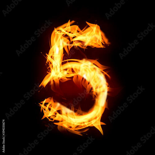 Flaming 5 on black background. Stylized number design
