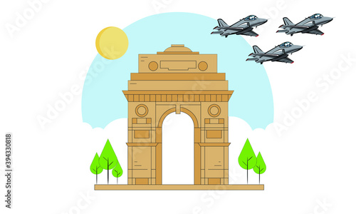 New Delhi : 03 May 2020 : A vector illustration of the famous India gate with three MiG-29 Jaet fighters.