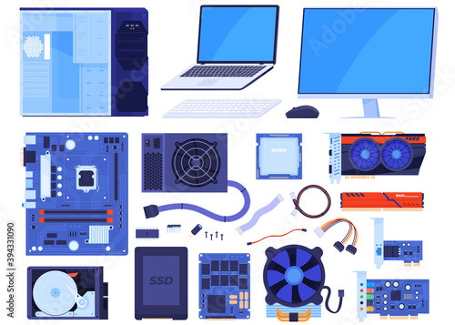 Set of computer parts. Case, monitor, laptop, motherboard, processor, video card, RAM, keyboard, mouse, hard drive, SSD, wires. Isolated vector illustration