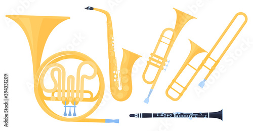Wind musical instruments vector set. Saxophone, trumpet, horn, clarinet on a white background. Vector consumption
