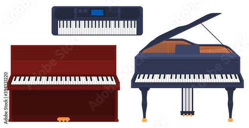 Set of keyboard musical instruments, piano, grand piano, synthesizer isolated on a white background. Vector illustration