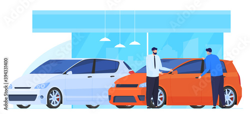 Buying, selling, renting cars. The man checks the car before buying. The manager offers a certain car to the buyer. Vector illustration