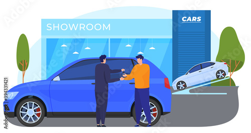 Buying, selling, renting cars. The man checks the car before buying. The manager offers a certain car to the buyer. Vector illustration