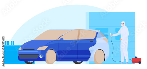 Painting a car, a man in a protective suit and respirator paints the car in a special room. Vector illustration