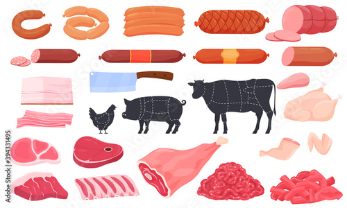 Different types of meat. Sausages, ham, lard, steak, wings, thighs, chicken, steak, ribs. Silhouette of cow, pig, chicken vector isolated objects.