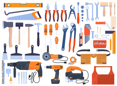 Set of tools, Tools for repair, Power tools, drill, Bulgarian, electric fretsaw. Hand tools, wrenches, screwdrivers, brushes, hammers, saws, pliers. Home renovation. Vector illustration