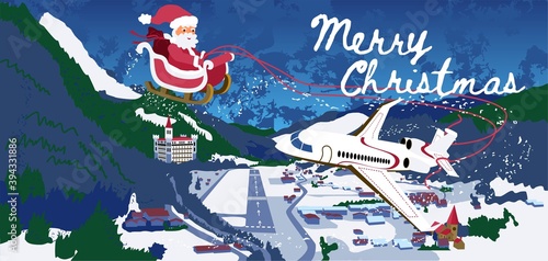 Vector card-flyer "Merry Christmas". Santa Claus on a sleigh flies tied to an airplane over a mountain panorama of a winter town with a runway