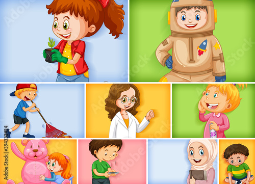 Set of different kid characters on different color background