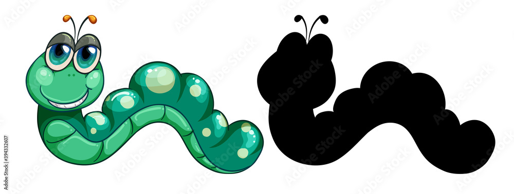 Set of insect cartoon character and its silhouette on white background