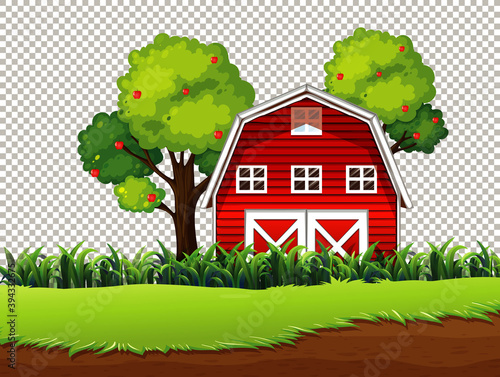 Red barn with meadow and apple tree on transparent background