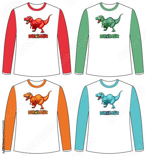 Set of different colour dinosaur screen on long sleeve t-shirt