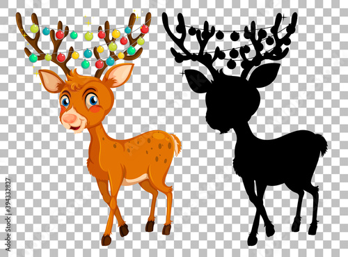 Set of deer cartoon and and its silhouette