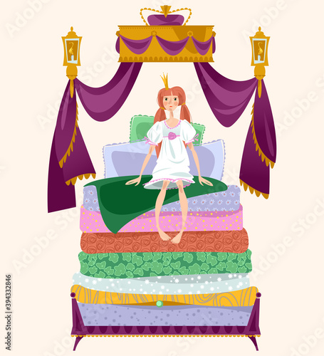 The Princess and the pea. A girl is sitting on a pile of mattresses under Royal canopy.