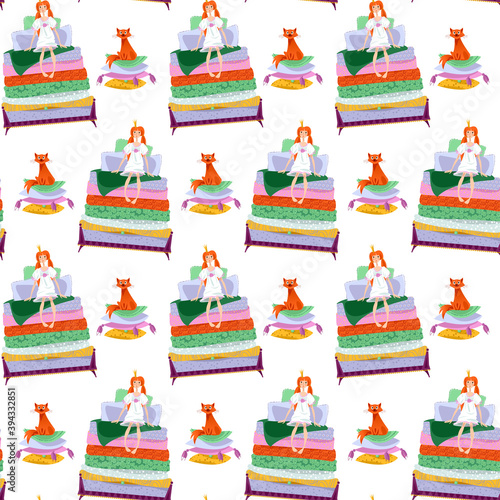 The Princess and the pea. Girl is sitting on a pile of mattresses and cat is sitting on a pile of pillows. Seamless background pattern.