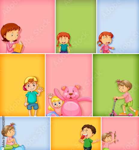 Set of different kid characters on different color background