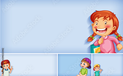Set of different kid characters on blue color background