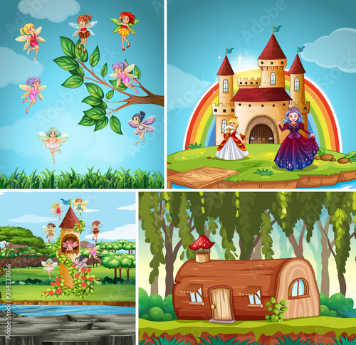 Four different scene of fantasy world with fantasy places and fantasy charact...