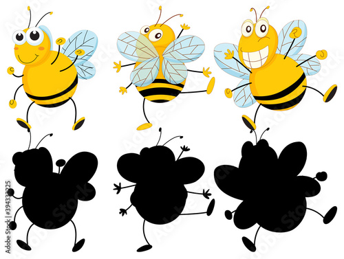Set of insect cartoon character and its silhouette on white background