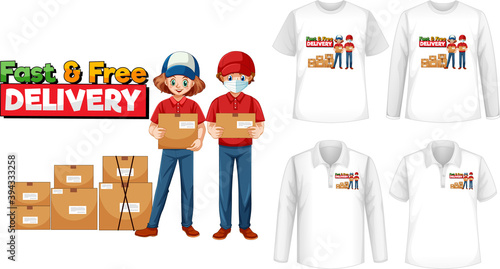 Set of different types of shirts with fast and free delivery logo screen on s...