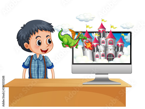 Boy next to computer with castle desktop screen background