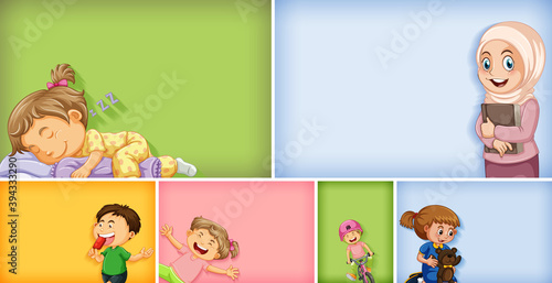 Set of different kid characters on different color background