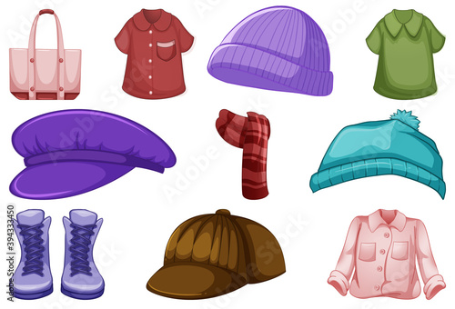 Set of fashion outfits and accessories on white background