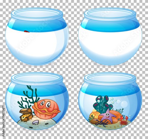 Set of different aquarium tanks isolated on transparent background