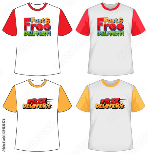 Set of different types of delivery logo screen on different colour t-shirt is...