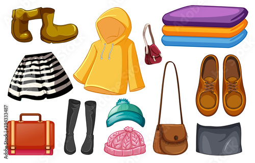 Set of fashion outfits and accessories on white background