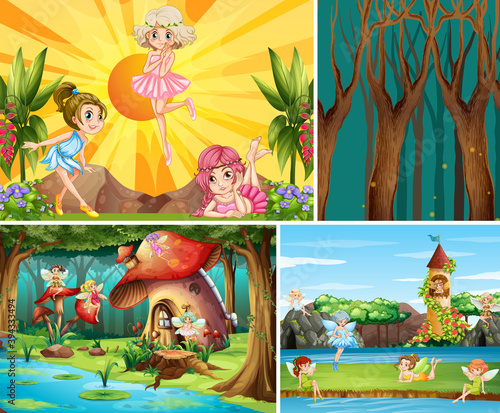 For different scene of fantasy world with fantasy places and fantasy characte...