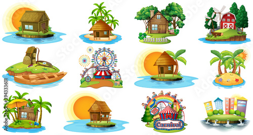 Set of different bangalows and island beach theme and amusement park isolated...