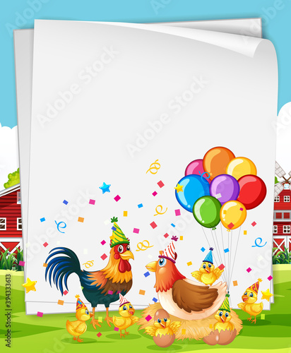 Blank banner with many chickens in party theme