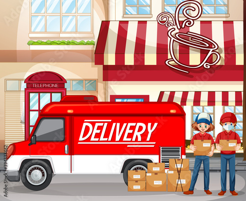 Fast and free delivery logo with delivery van or truck at the coffee shop